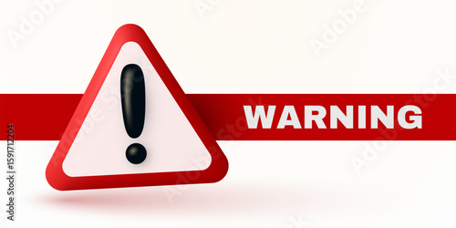 Red danger warning triangle 3d icon. Alert, caution or emergency notification. Danger hazard notification. Caution alert notice, triangle warning reminder and emergency attention. Vector Illustration