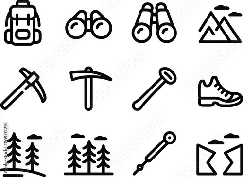 Simple Line Icons Set for Hiking and Mountaineering Activities