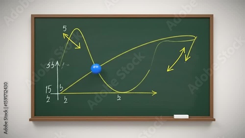 A colorful chalkboard graph illustrating mathematical concepts with a blue ball in motion
