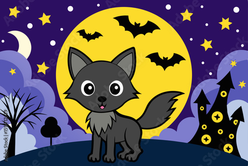 Starry Halloween Night with Howling Wolf vector illustration