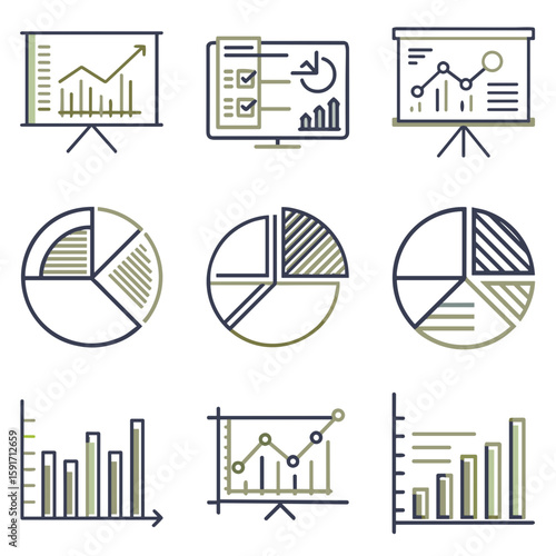 Diagrams and charts icon set for blogs, websites, clipart, infographics, business, presentations, educational and awareness materials