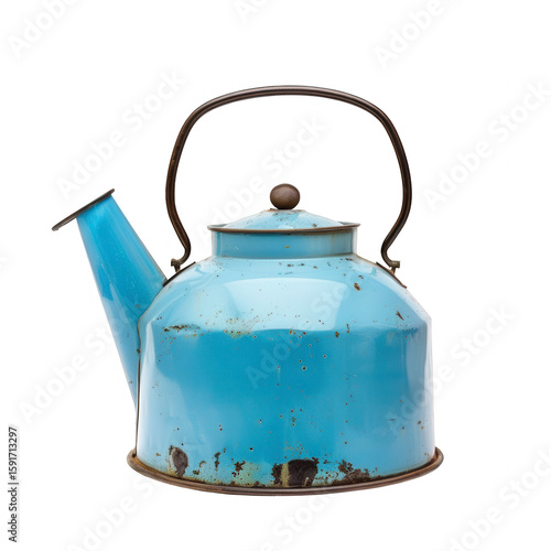 Light-blue, aged metal kettle with dark rust spots