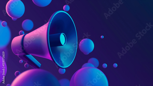 Floating megaphone surrounded by abstract 3D spheres. Communication and marketing concept.
