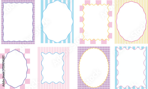Wavy edge frame design. Doodle of wavy borders. Retro abstract curvy shaped frames with geometric patterns for social media, invitation, poster. Zigzag edges figure vector set    