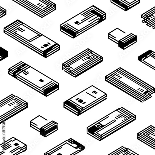 Isometric pattern of usb drives and micro usb adapters in black and white minimalist design repeating layout