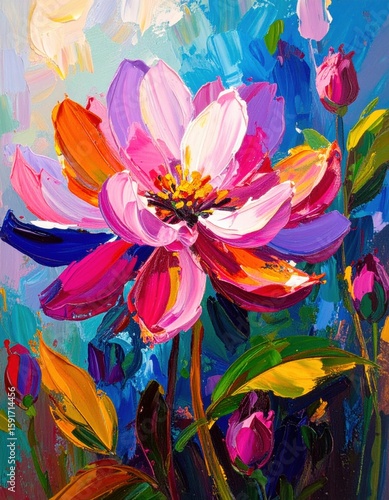 Vibrant, textured oil painting of a colorful flower with bold brushstrokes in pink, purple, orange, and blue hues, surrounded by leaves and buds.