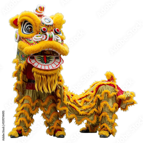 Vibrant yellow and gold chinese lion dance costume isolated on transparent background