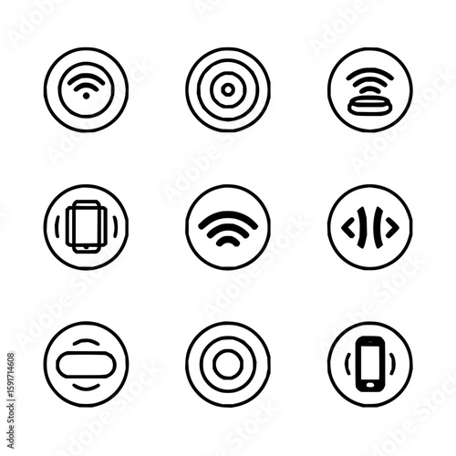 Collection of nine distinct circular icons representing various connectivity and technology concepts in black and white