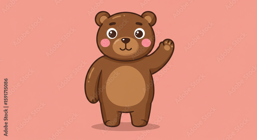 Obraz premium Adorable Cartoon Bear Waving Hello on Pink Background Friendly Illustration.