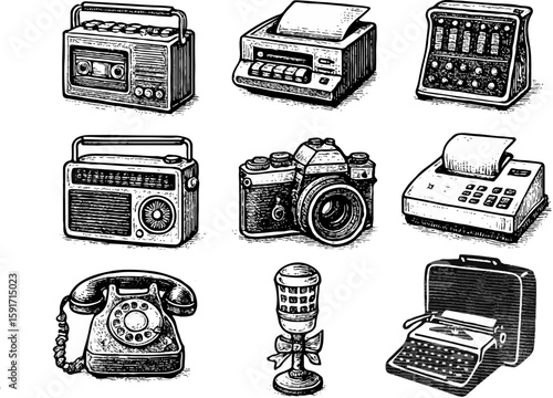 Black-and-white illustrations of vintage electronics—radio, camera, typewriter, and more—capturing classic technology, nostalgic charm, and retro mechanical design