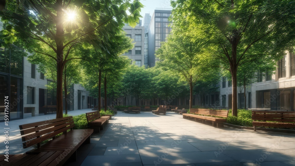 Fototapeta premium Urban park with green trees, benches, and a clear pathway, bathed in sunlight, illustrating a peaceful and pleasant city environment with natural elements