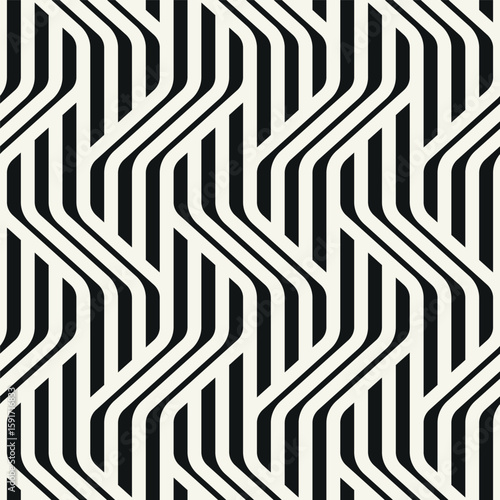 Vector seamless pattern. Endless, stylish, tileable design. Rippled, monochrome, geometric background. Linear, weaved grid. Bold, interlaced swatch. Can be used as a swatch for Illustrator.