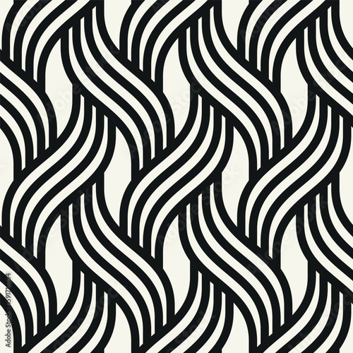 Vector seamless pattern. Endless, stylish, tileable design. Rippled, monochrome, geometric background. Linear, weaved grid. Bold, interlaced swatch. Can be used as a swatch for Illustrator.