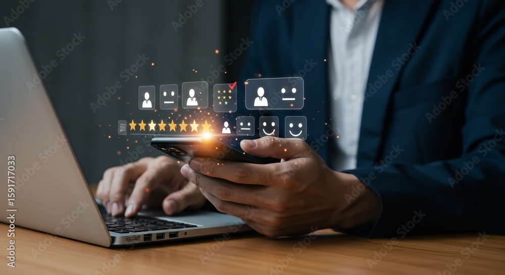 Fototapeta premium Businessperson Analyzing Positive Customer Feedback on Mobile Device