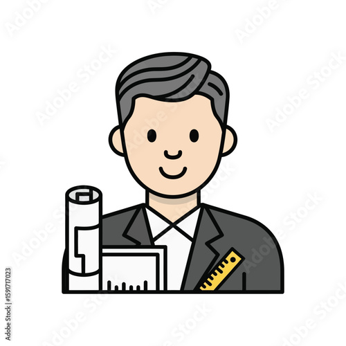 Architect Icon with Blueprint and Ruler Gray Suit.