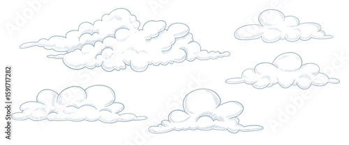 Vector illustration of fluffy Clouds in outline style with linear hatching. Outline pastel blue drawing of mist for sky scenes or dreamy backgrounds. Engraved sketch of weather element. Etched set.