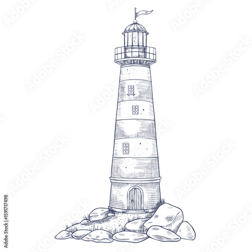 Vector illustration of Lighthouse on rocks for nautical design. Outline drawing of coastal scene compositions with Light house and seashore. Linear etching of Beacon on a Cliff painted by inks.
