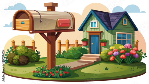 Front yard mailbox on a wooden post with small flowerbed at its base. Classic suburban feature