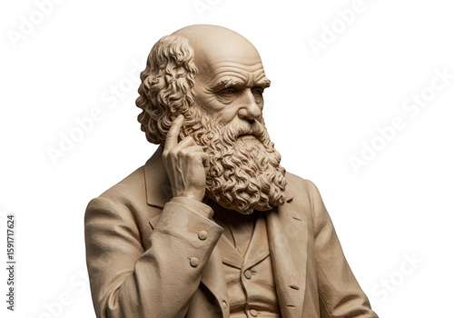 A distinguished bust of an elderly man with a full beard and curly hair, deep in thought isolated on transparent background