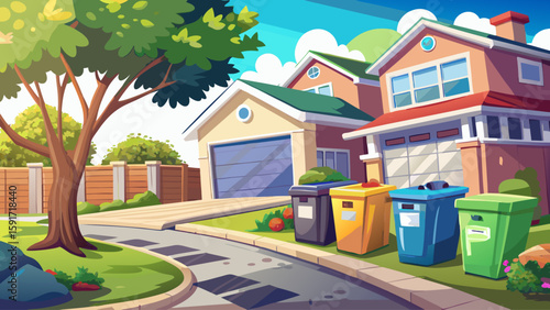 Driveway with recycling and garbage bins beside the house. Practical exterior detail