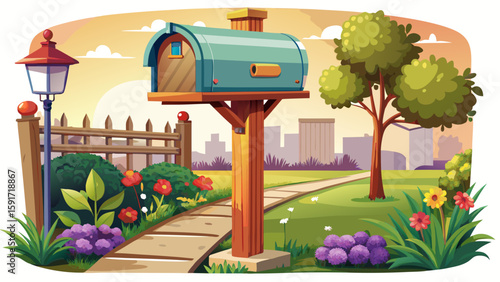 Front yard mailbox on a wooden post with small flowerbed at its base. Classic suburban feature