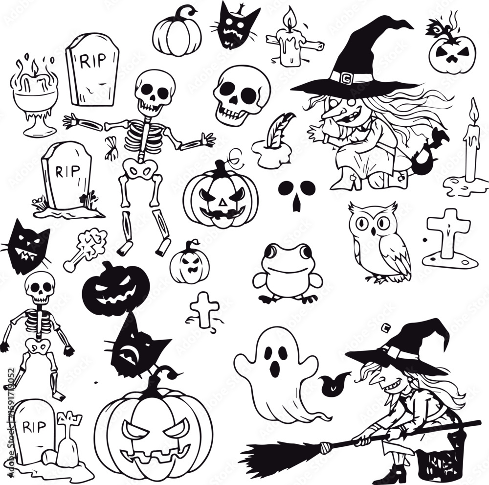 Naklejka premium Funny black and white symbols, including a witch, owl, toad, pumpkin, ghost, skeleton, grave, skull, and cat, are isolated on white in this Vector illustration. 