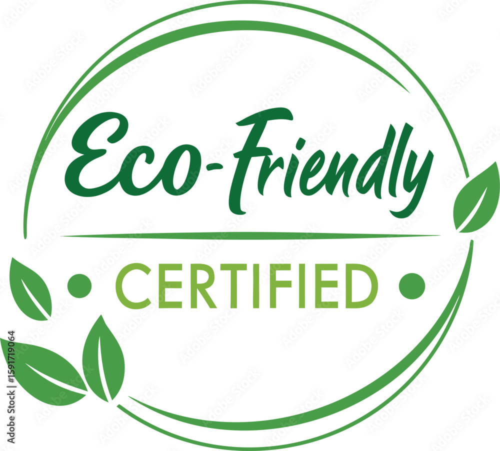 Green eco friendly certified stamp with leaves and dots symbolizing environmental sustainability and natural product approval isolated on transparent background Green eco friendly certified stamp with leaves and dots symbolizing environmental sustainability and natural product approval isolated on transparent background