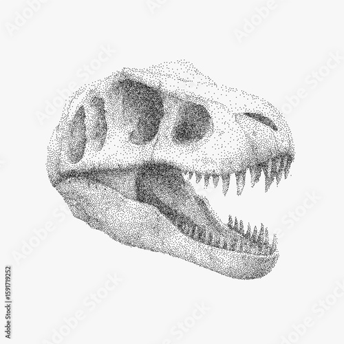 Dinosaur skull, stipple design with raw halftone dots, bold threshold lines and grainy photocopy texture, retro collage art.