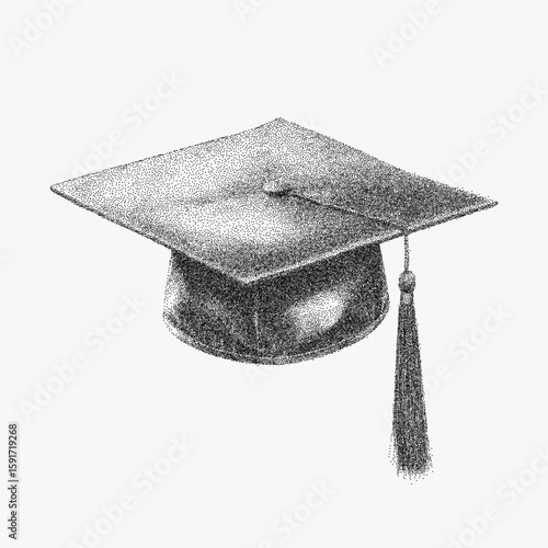 Graduation cap with a tassel. Monochrome stipple sketch with heavy halftone dots, noisy photocopy grain and threshold effect, retro poster look.