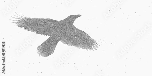 Bird is flying in the sky. Grungy stippled design with scattered halftone dots, rough paper photocopy effect and bold threshold shading.