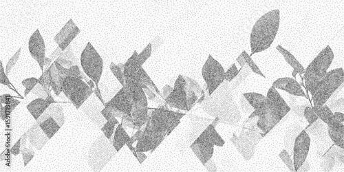 Blurry image of a line of leaves. Detailed stipple ink drawing, halftone grain, photocopy noise overlay and edgy threshold linework.