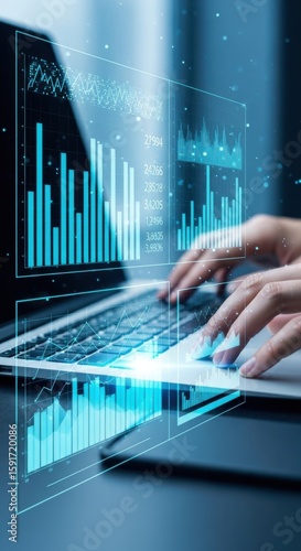 Hands typing on laptop with glowing blue financial data charts and graphs technology analysis