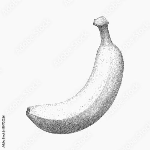 Banana, stipple pen drawing with halftone effect, gritty photocopy paper surface and edgy threshold shading for punk zine style.