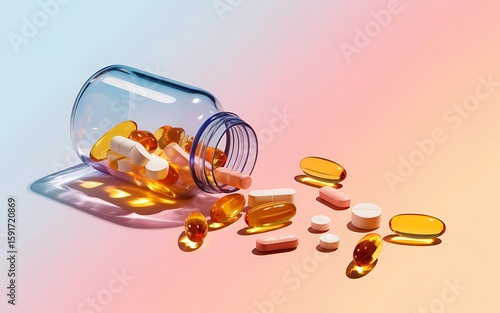 Nutritional Supplements Scattered From A Glass Bottle Onto A Pastel Gradient Background