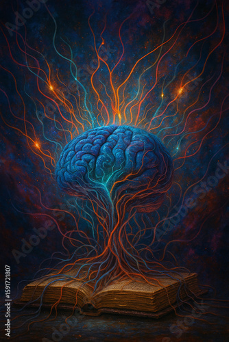 Wissenserleuchtung – Gehirn wächst aus einem Buch, umgeben von Energieadern