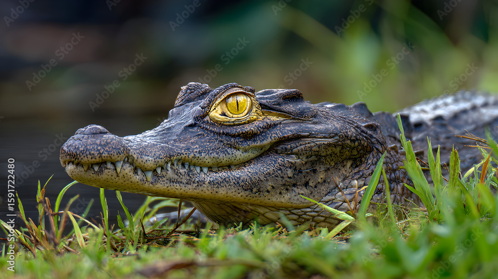 Naklejka premium Caiman resting on a riverbank, intense yellow eyes, natural swamp environment