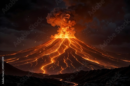 Volcanic Eruption: Witness the awe-inspiring power of nature as a volcano erupts, spewing molten lava and ash into the air, against a backdrop of a dark and dramatic sky.