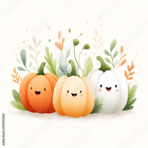 Cute Cartoon Pumpkins with Smiling Faces – Autumn Illustration on White Background