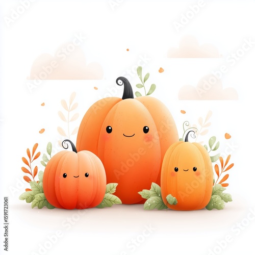 Cute Cartoon Pumpkins with Smiling Faces – Autumn Illustration on White Background