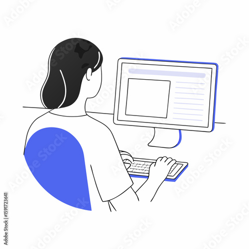 This vector illustration shows a woman sitting at a desk, working on a desktop computer with lines of code on the screen. It represents programming, software development, or IT support in a modern fla