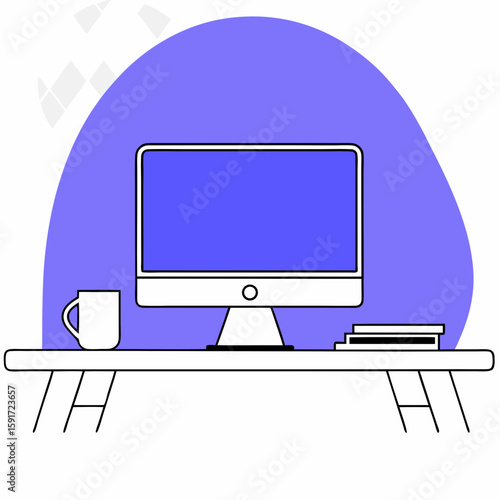 Modern vector illustration of a desktop workspace with a computer monitor, books, and a coffee mug. Perfect for education apps, tech websites, freelance platforms, and productivity visuals.