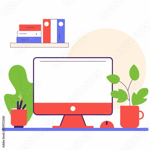 Flat vector illustration of a neat and modern workspace with a desktop computer, mouse, potted plants, coffee mug, and shelf with binders. Ideal for visuals related to remote work, digital organizatio