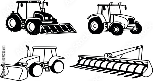 Farm Tractor Collection Vector – Set of Black and White Agricultural Tractors and Plough Machines Isolated on White Background