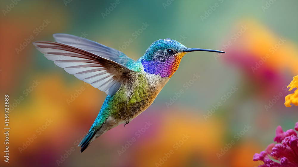 Fototapeta premium Hummingbird feeding on a flower, fast motion, colorful backdrop