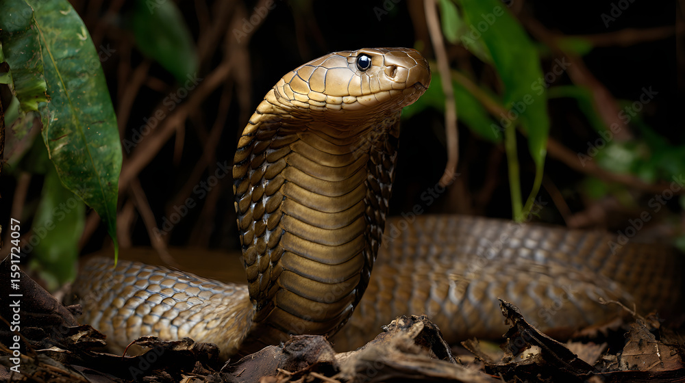 Fototapeta premium King Cobra coiling in the jungle, striking pose, intense focus