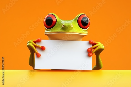 3D Cartoon Red-Eyed Tree Frog Holding Blank Sign on Bright Orange Background