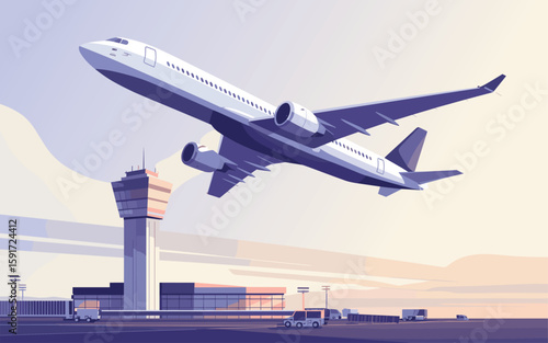 Airplane Taking Off Vector Illustration of Flight  
