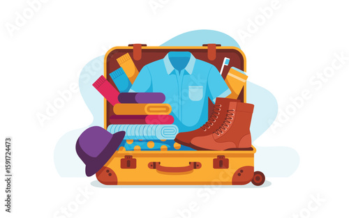 Travel Essentials Open Suitcase Packed with Clothes and Vacation Item