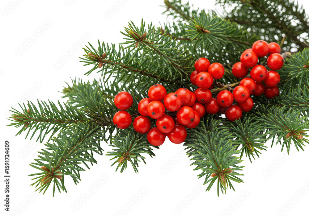 Obraz premium A festive sprig of evergreen pine branches adorned with bright red rowan berries, isolated on a transparent background