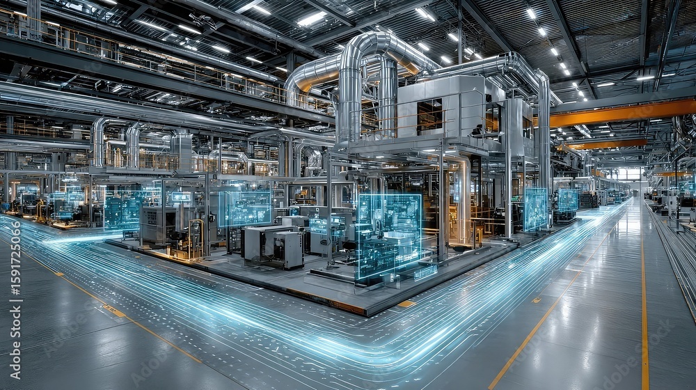 Obraz premium Digital twin technology for industrial processes enabling virtual replication of factory systems for monitoring, diagnostics, and optimization in real-time industrial environments